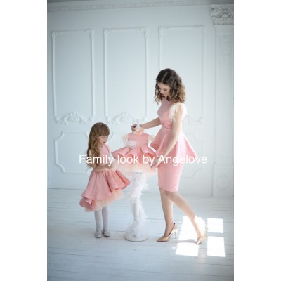 Mommy and Me Dress with Feathers - Mother and Daughter - Custom-made Dress Birthday Peach