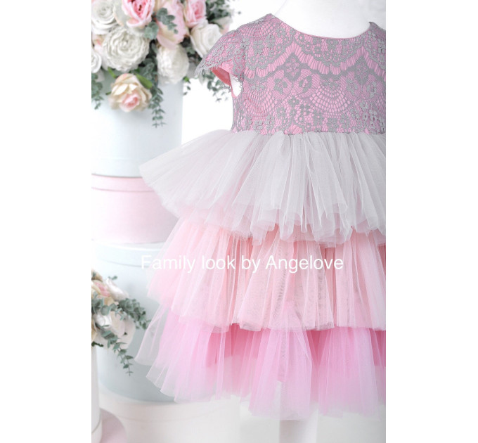 Dress Baby Girl / 1st Birthday Tutu Dress / Lace Pink Gray