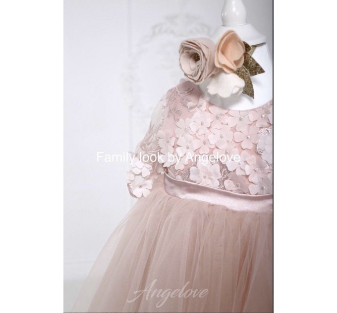Matching Mom and Baby Outfit, Peach Dress with lace 3D flowers, toddler, Mother daughter