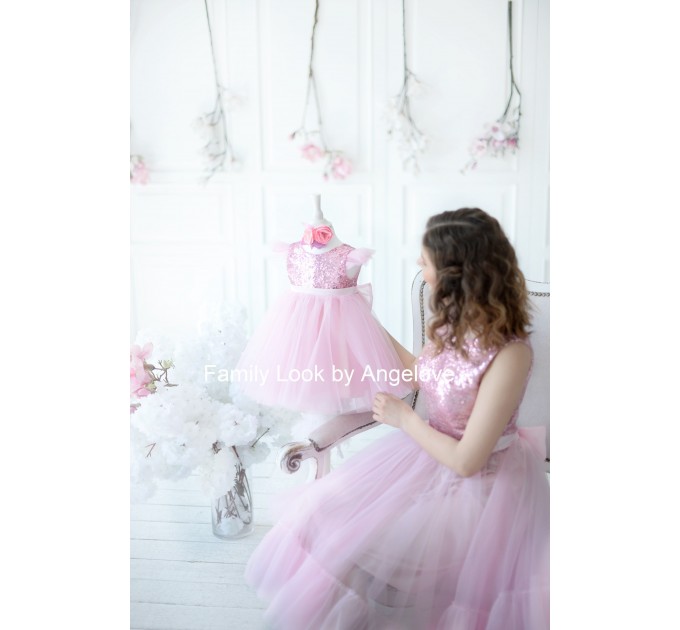 Pink Blush Mommy and Me Dress, Outfits First Birthday Party Princess , Sequin,  Maching Mother and Daughter, Tutu Shirt