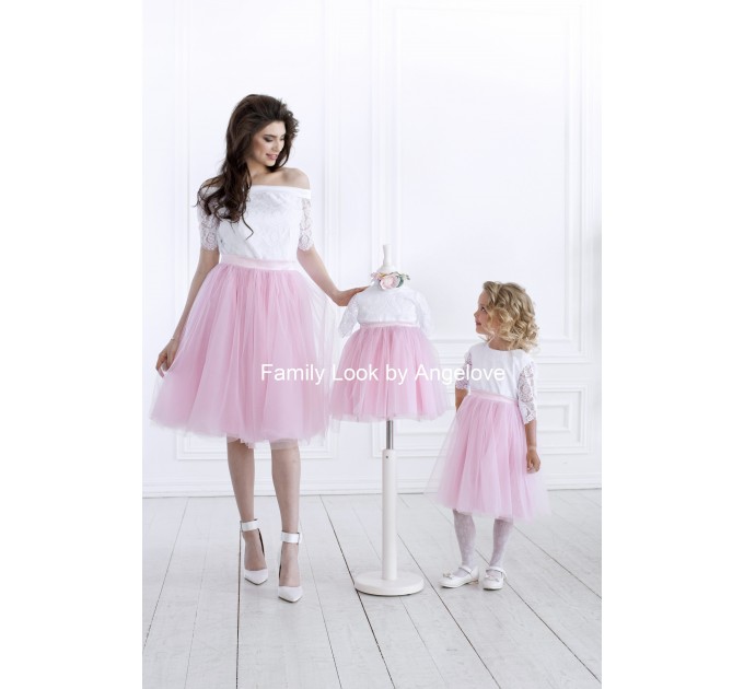 Mommy and Me Outfits Dress Maching Lace  Mother and Daughter Tutu Birthday Pink Shirt