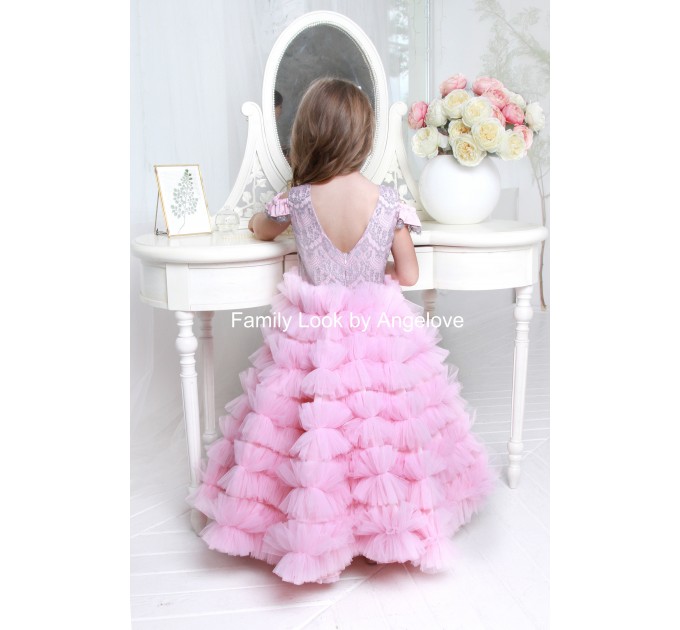 Pink Flower Girl Lace Dress - Princess - Junior bridesmaid -  Special Occasion Dress  - Maxi Grey - Open Back Dress- Ball Gown