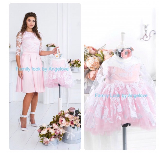Mommy and Me Matching Outfit - White Flowers Pink Tulle - Wedding guest dress-  Magnificent Birthday Party