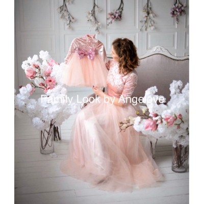 Blush Mother Daughter Matching Dress - Maxi Tutu - First Birthday Babygirl -  Special Occasion Dress -  Princess - Long Sleeve - Mommy and I