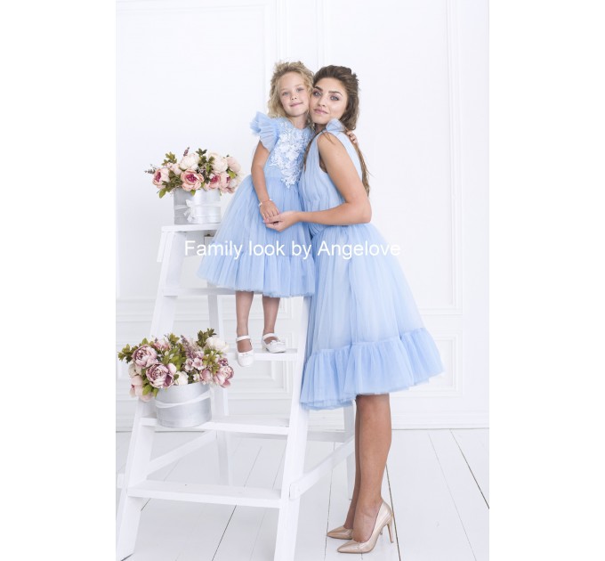 Mommy and Me Outfits Matching Dress Backless Blue Tulle Lece Mother and Daughter