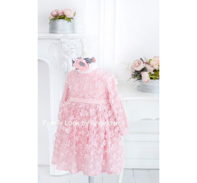 First Birthday Party Gown - Princess Dress Pink Lace   - Toddler Babygirl - Long sleeve dress
