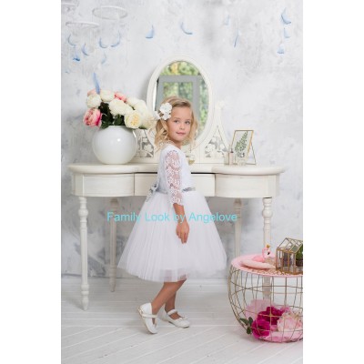 White Dress Flowers Girl -  Junior Bridesmaid - Tulle Skirt - Lace Cute Girl Dress - Glitter Dress- Baptism Dress - Kids Dress