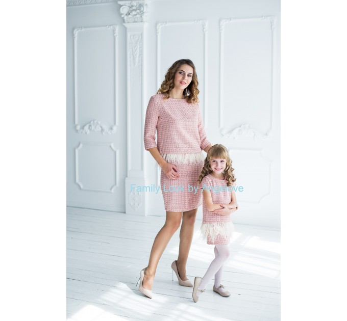 Mommy and Me Matching Dresses - Feathers -  Mother Daughter Outfits - Tweed Pink Todler