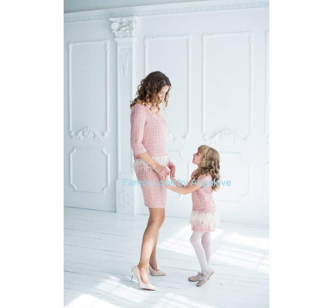 Mommy and Me Matching Dresses - Feathers -  Mother Daughter Outfits - Tweed Pink Todler