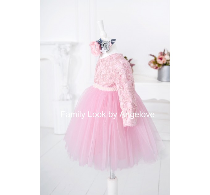 Mommy and Me Matching Dress Outfit  - Pink Lace - Mother Daughter - Babygirl - Long Sleeve  -  Special Occasion Dress